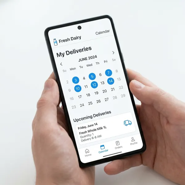 Person using a clean, modern dairy app on a smartphone set next to a fresh glass of milk